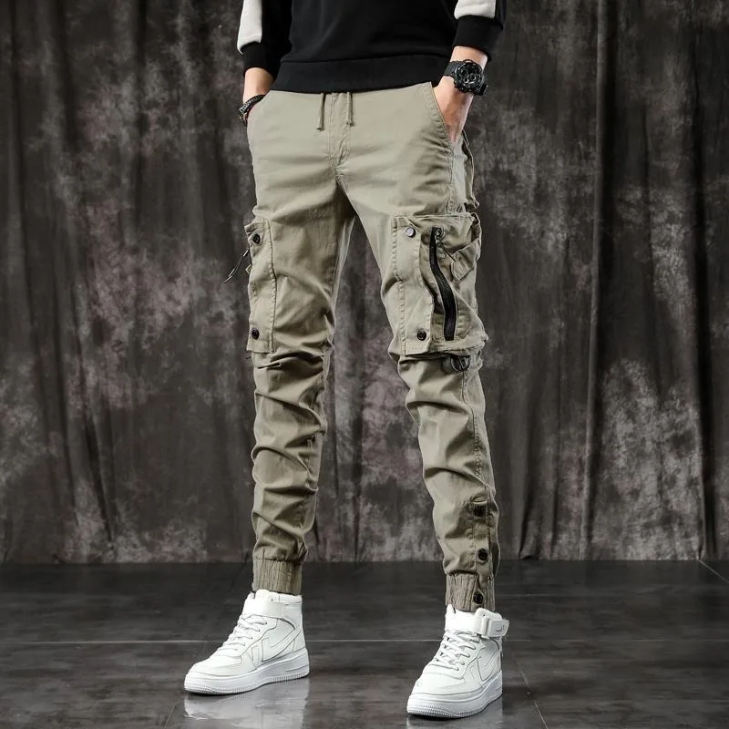 Military Tactical Cargo Pants Mens Army Casual Trousers Zipper Multi-Pocket Cotton Joggers Fashion Khaki Black Elastic