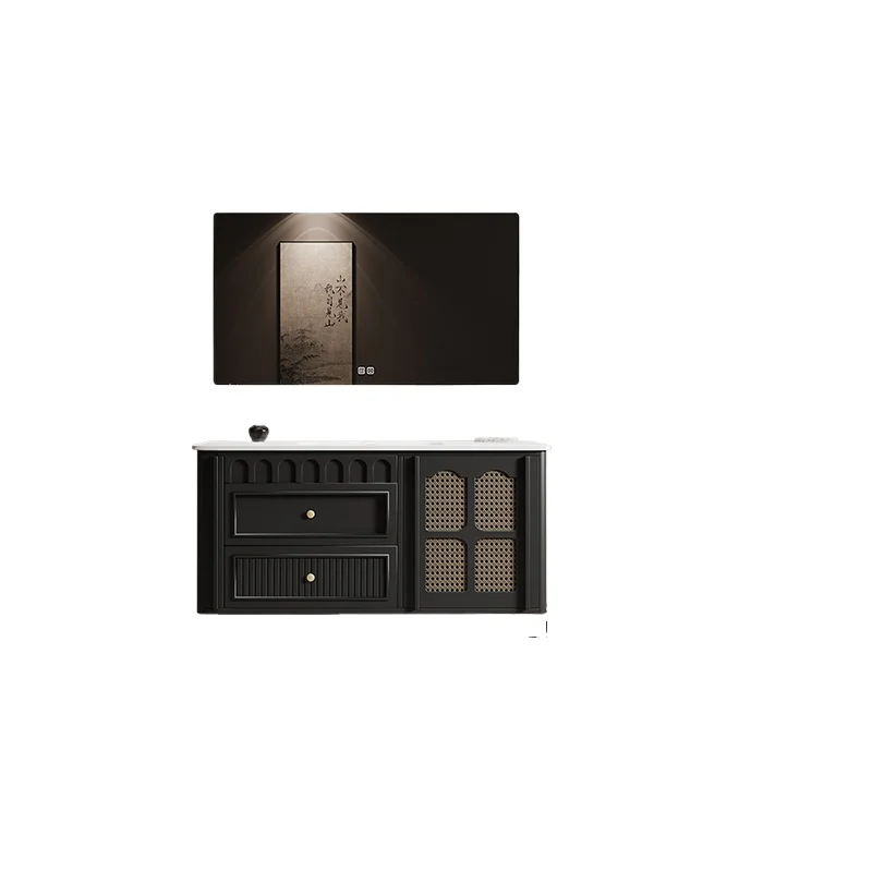 

Интегрированный умывальник Corian во французском стиле ретро, изогнутая раковина из дубовой каменной плиты, шкаф для ванной комнаты из ротанга