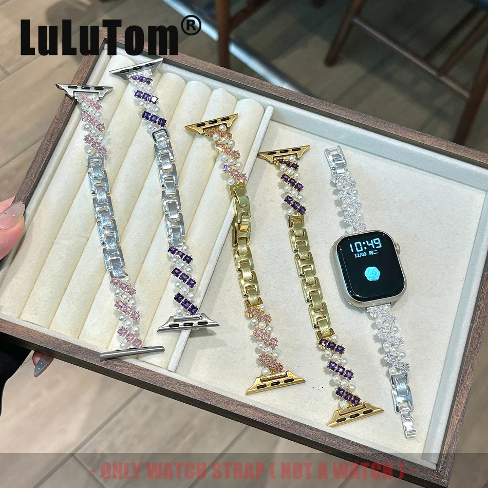 

Ювелирные ремешки с жемчугом и цирконием для Apple Watch Series 11, 10, 9, 8, 7, 6, SE, 5, Ultra, iWatch 49/46/45/44/42/41/40/38 мм, женский браслет-ремешок