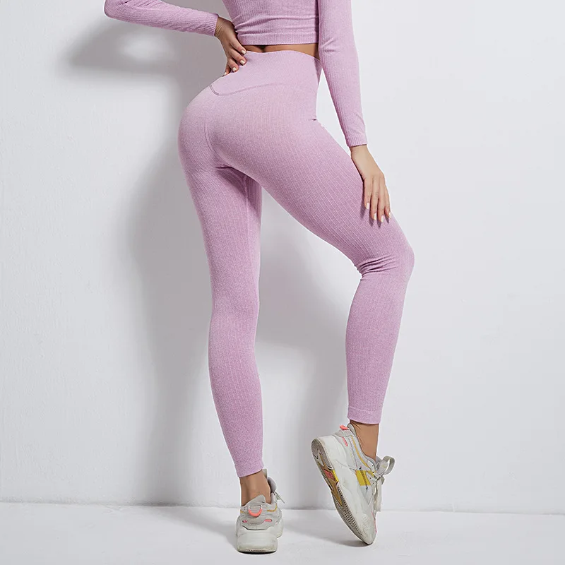 Frauen Gestrickte Gestreifte Leggings Hohe Taille Athletisch Yoga Workout Fitness Rippen Gym Strumpfhosen Elastische Sportwear Drop Shipping – Detail 11