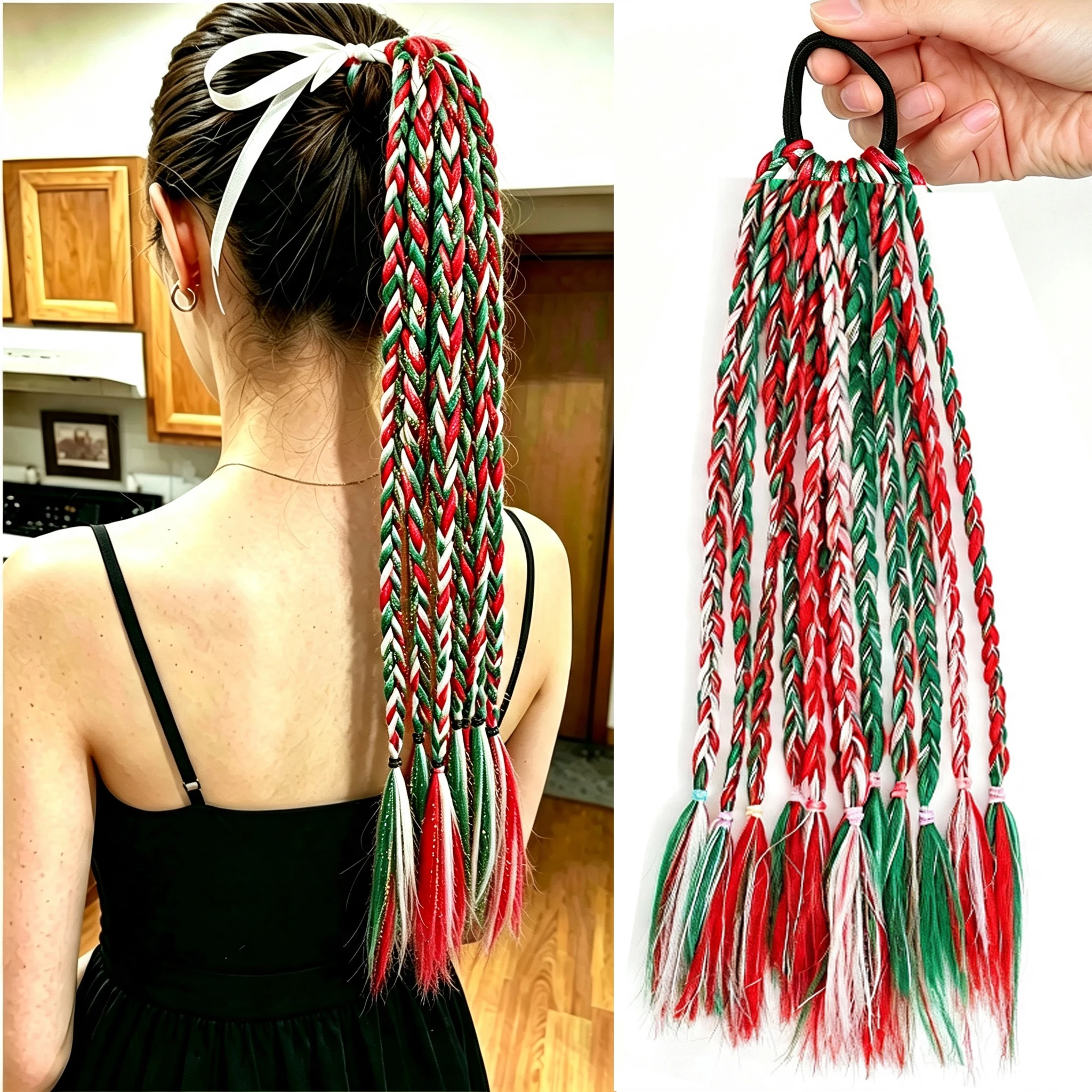 Holiday Wear Christmas Bow Braided Ponytail Extension, Colorful Small Braids Fake Ponytail, Xmas Party Cosplay Hair Accessory fo