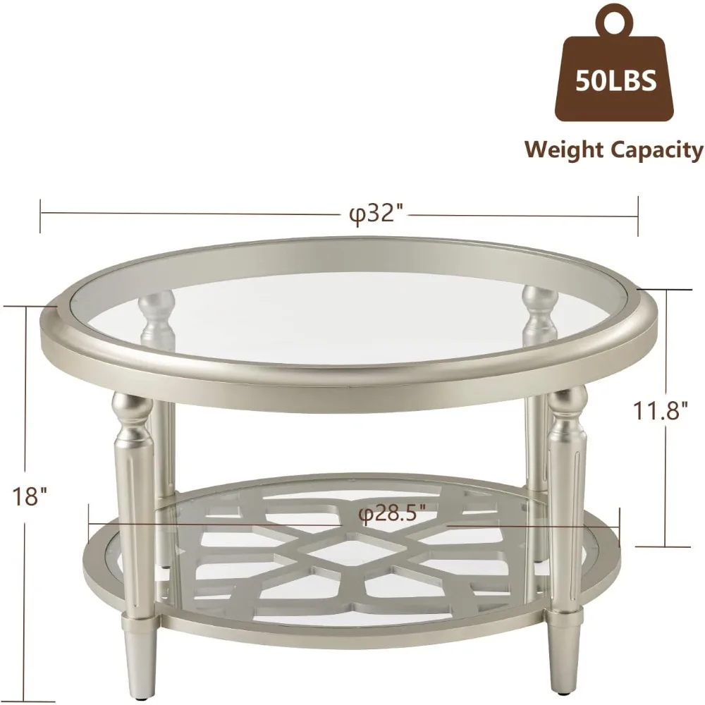 Glass Coffee Table, 32 Round Coffee Tables with Storage, 2-Tier Glass Top, Clear Coffee Table, Simple & Modern Center Table