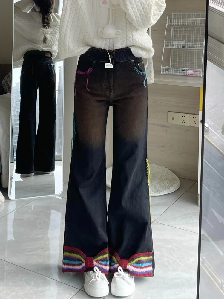 

American Retro Tassel Knot Wide Leg Jeans Women Loose Straight Cut Denim Pants Color Thread Casual High Waist