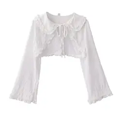 Women's Summer Niche Doll Collar Fungus Edged Lace Up Shirt Cardigan Female High Waist Short Long Sleeve Sun Protection Blouse