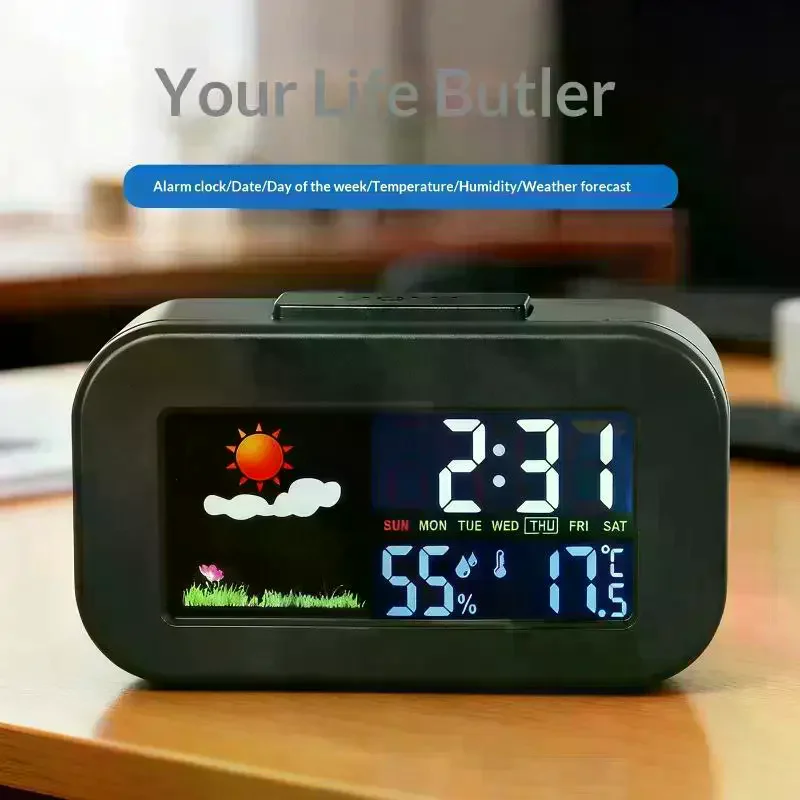 Weather Station Clock With Color Display - Temp & Humidity Monitor Backlit For Kids & Teens Perfect For Bedroom/Dorm Desk