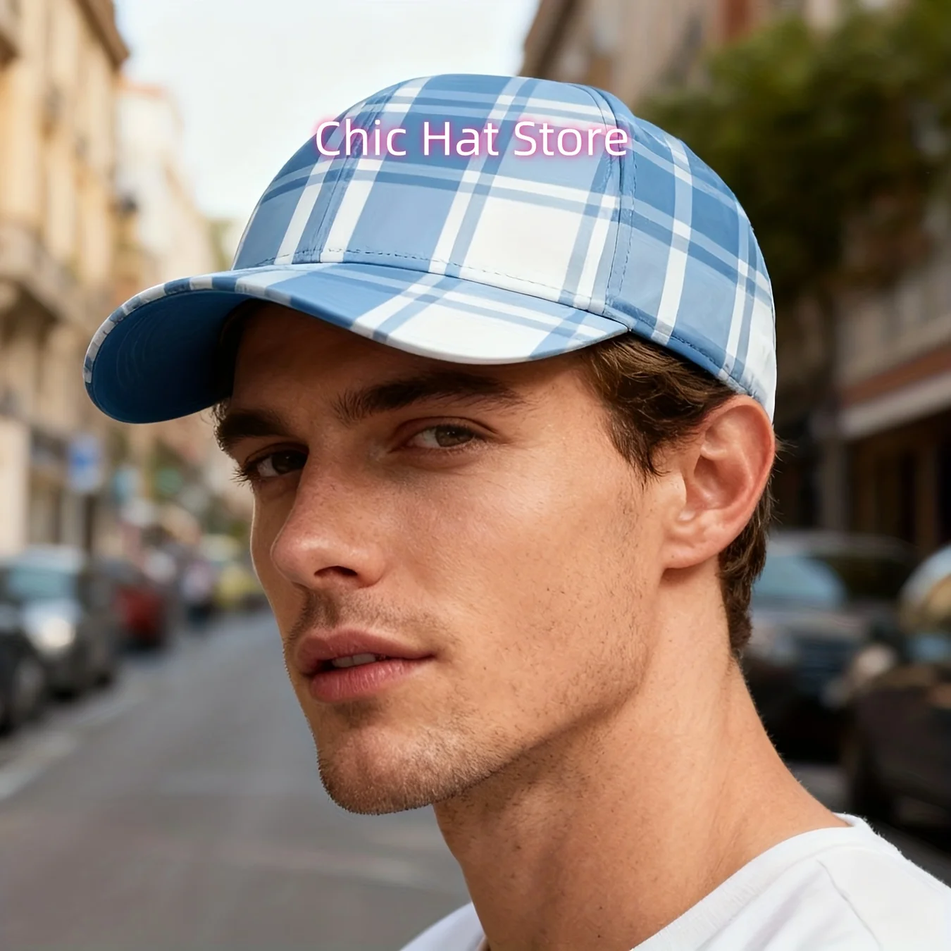 1pc Blue Plaid Pattern Unisex Full Print Baseball Cap, Checkered Design, Adjustable, Sun Protection, Trendy Style, Fashion Acces