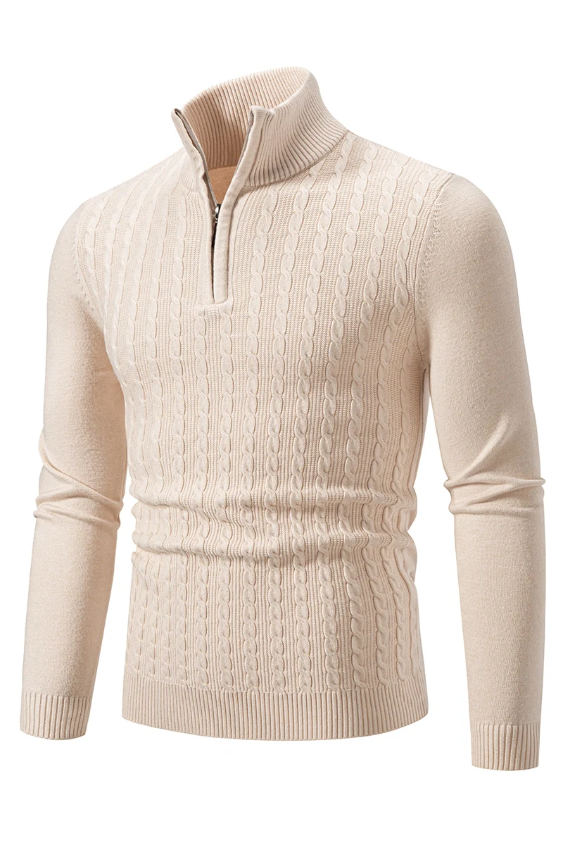 New Men's Fashion Turtleneck Zip-up Pullover Casual Comfort Long Sleeve Embroidered Striped Sweater