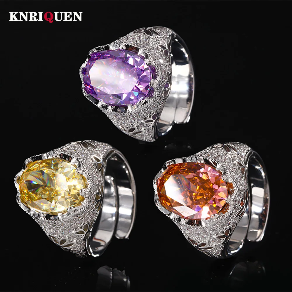 Sparkling Iced Cut Oval 10*14MM Amethyst Topaz Tourmaline Rings for Women High Carbon Diamond Ring Cocktail Party Fine Jewelry