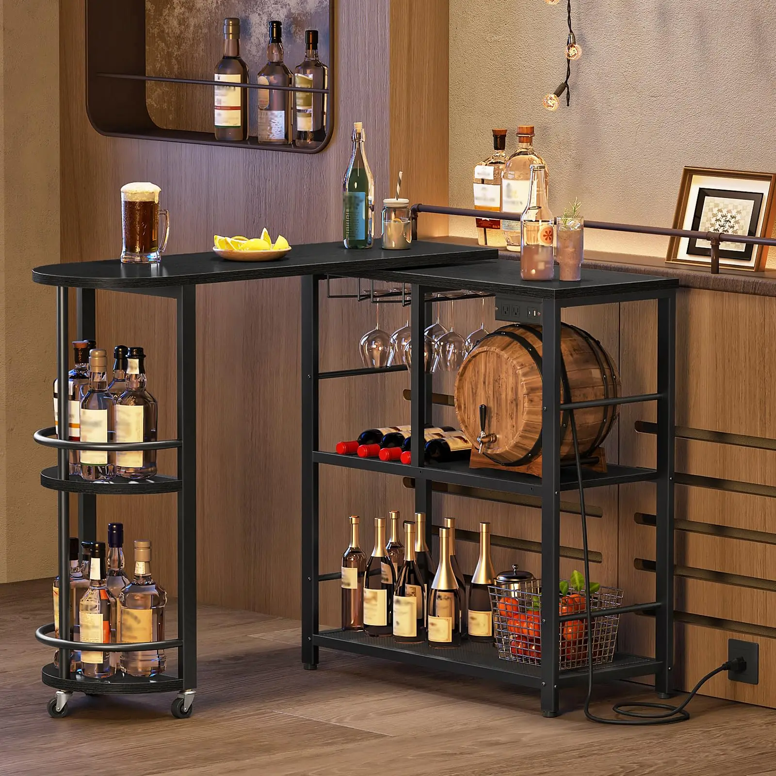 

L-Shaped Bar Table With Charging Station, 3-Tier Wine Rack, Extendable On Wheels, Black