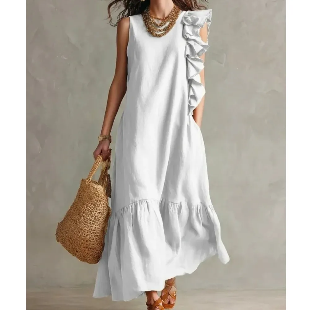 

Irregular Ruffled Sleeveless Dress Summer Women's Casual Round Neck Solid Color Loose Long Dress Vestidos De Fiesta Elegantes