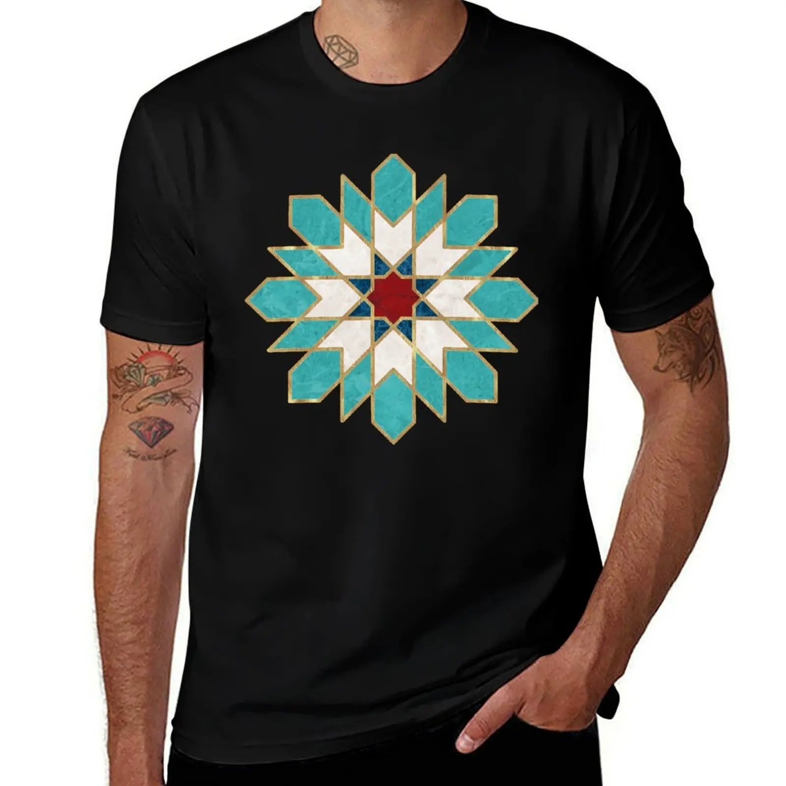 Navy Blue Teal White Red Marble Moroccan Mosaic T-Shirt Casual Graphic Print Tee T-Shirt