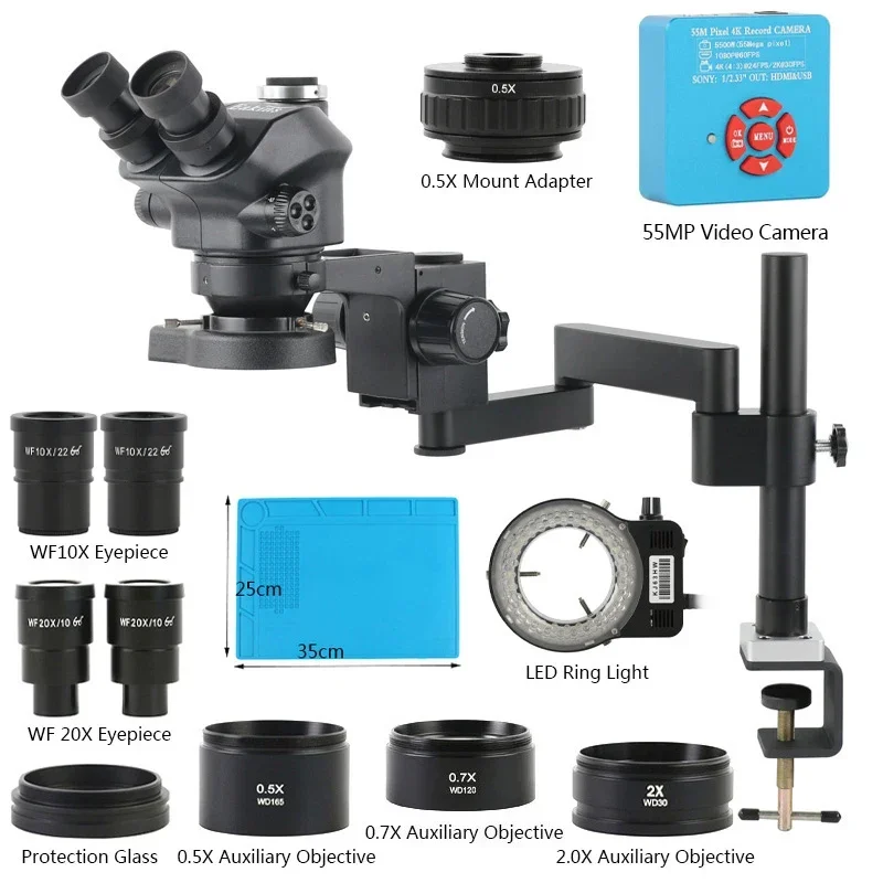 3.5X-200X Zoom Stereo Trinocular Microscope Clamp Folding Extension Type Base +48MP 55MP 4K 2K HDMI USB VGA Digital Video Camera