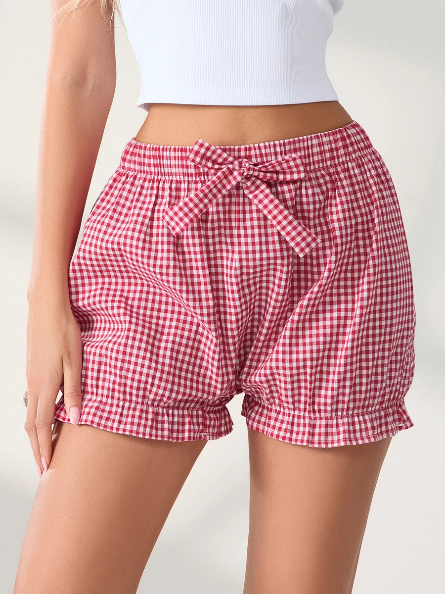 

Women Red Gingham Bloomer Boxers Shorts Summer Elastic Waist Cute Bow Plaid Print Y2k Vintage Shorts Streetwear