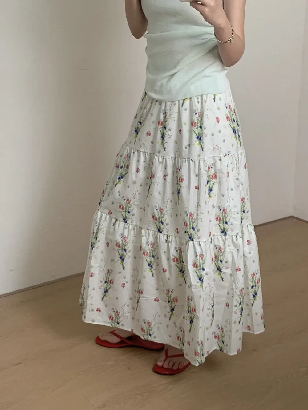 

Винтажная макси-юбка в стиле Харадзюку с зеленым цветочным принтом, многоярусная, с эластичной талией, летняя, в стиле бохо, А-силуэт, струящаяся, для сада и загородного отдыха