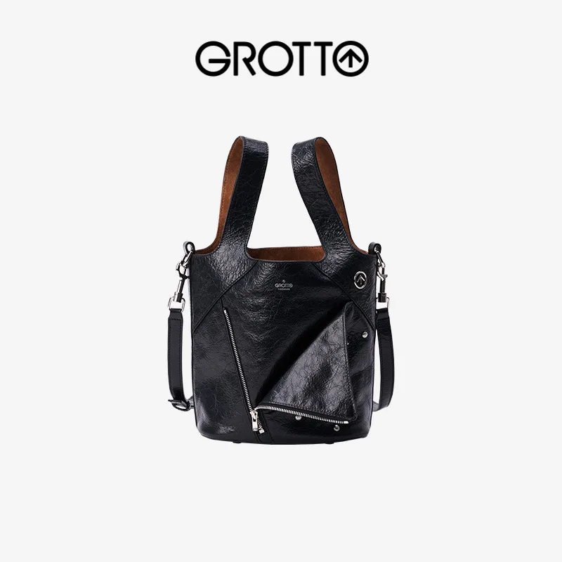 

GROTTO 2025 New Genuine Leather Lapel Basket Casual Retro Large Capacity Single Shoulder Crossbody Handbag