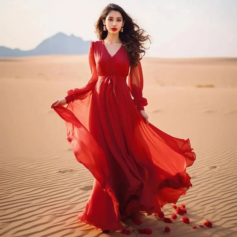 Modna czerwona sukienka do kolan z długim rękawem i dużą rozkloszowaną sukienką Hepburn Style Saside Beach Hainan Tourism Vacation Long Dress Women