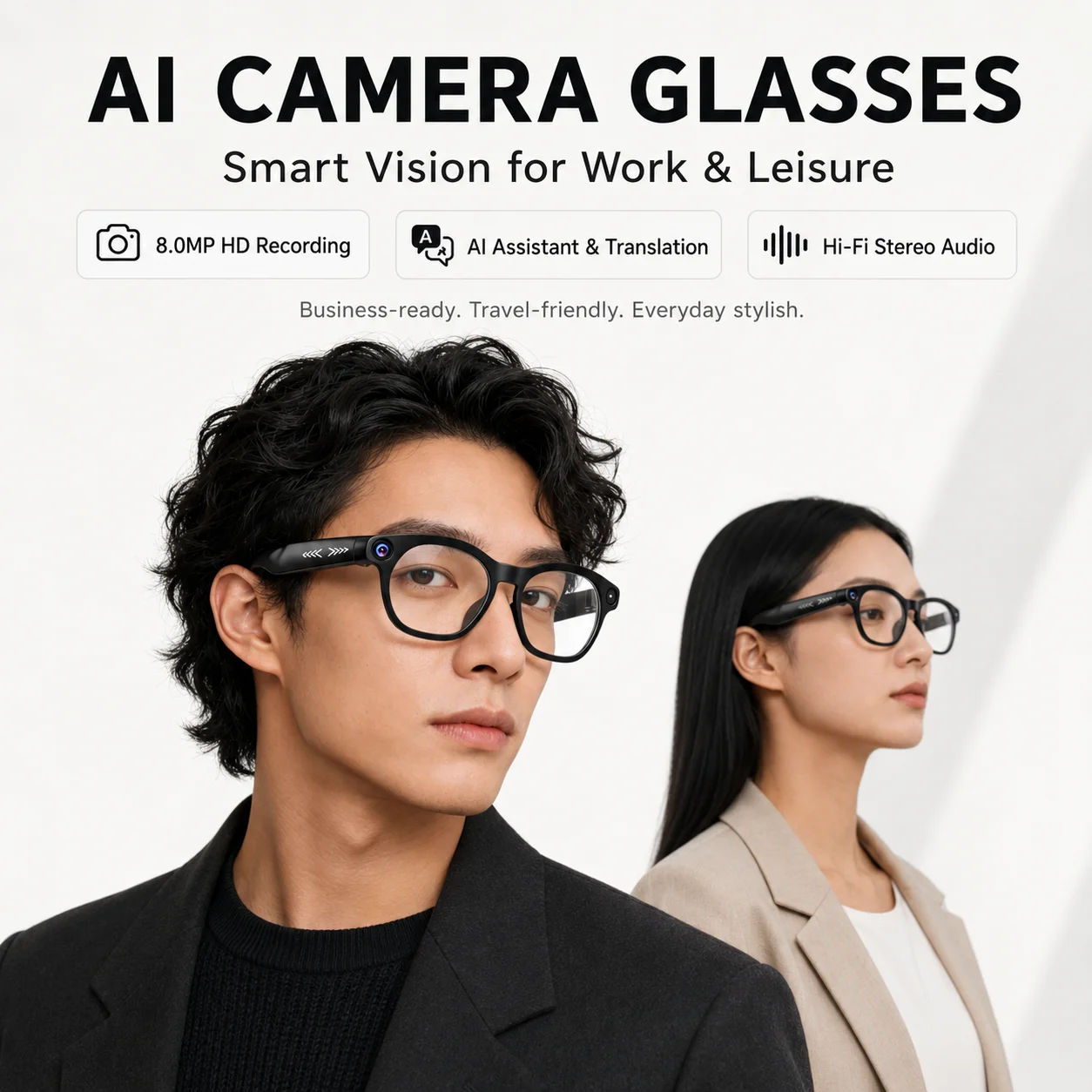 AI Smart Glasses 8MP Camera 1080P HD Video Recording Real-Time Translation Bluetooth Calling Dual Speakers for Business Travel
