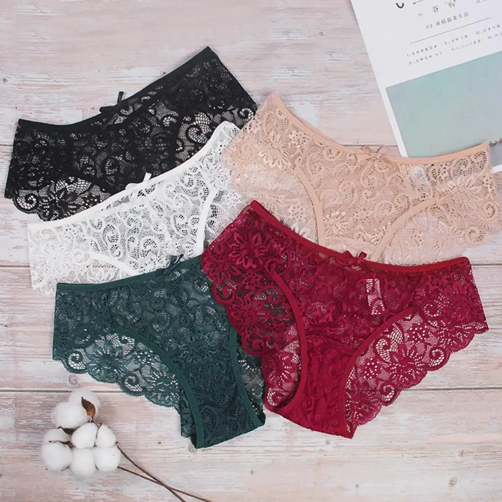 Women Underpants Solid Color Hollow Out Lace Bow-knot See-through Protective Thin Mid Waist Lady Briefs Women Accessory