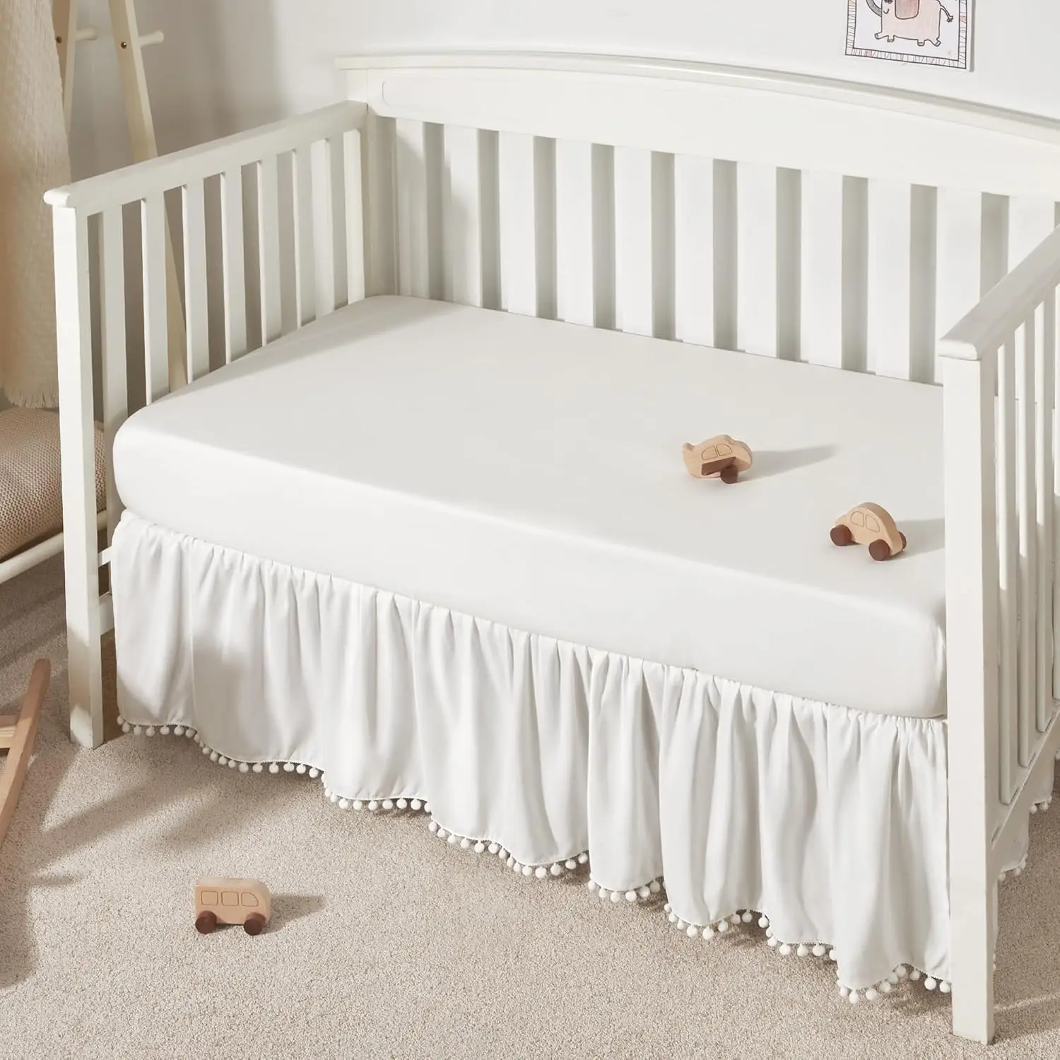

Ruffled Crib Skirt with Pompoms, 28x52 inch, 14" Drop, White