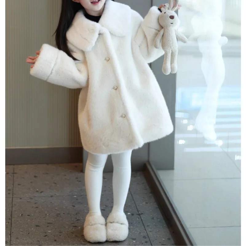 2026 New Winter Clothing Girls Fur Jacket Medium and Older Children Lapel Imitation Mink Fur Coat Thickened Long Fur Top