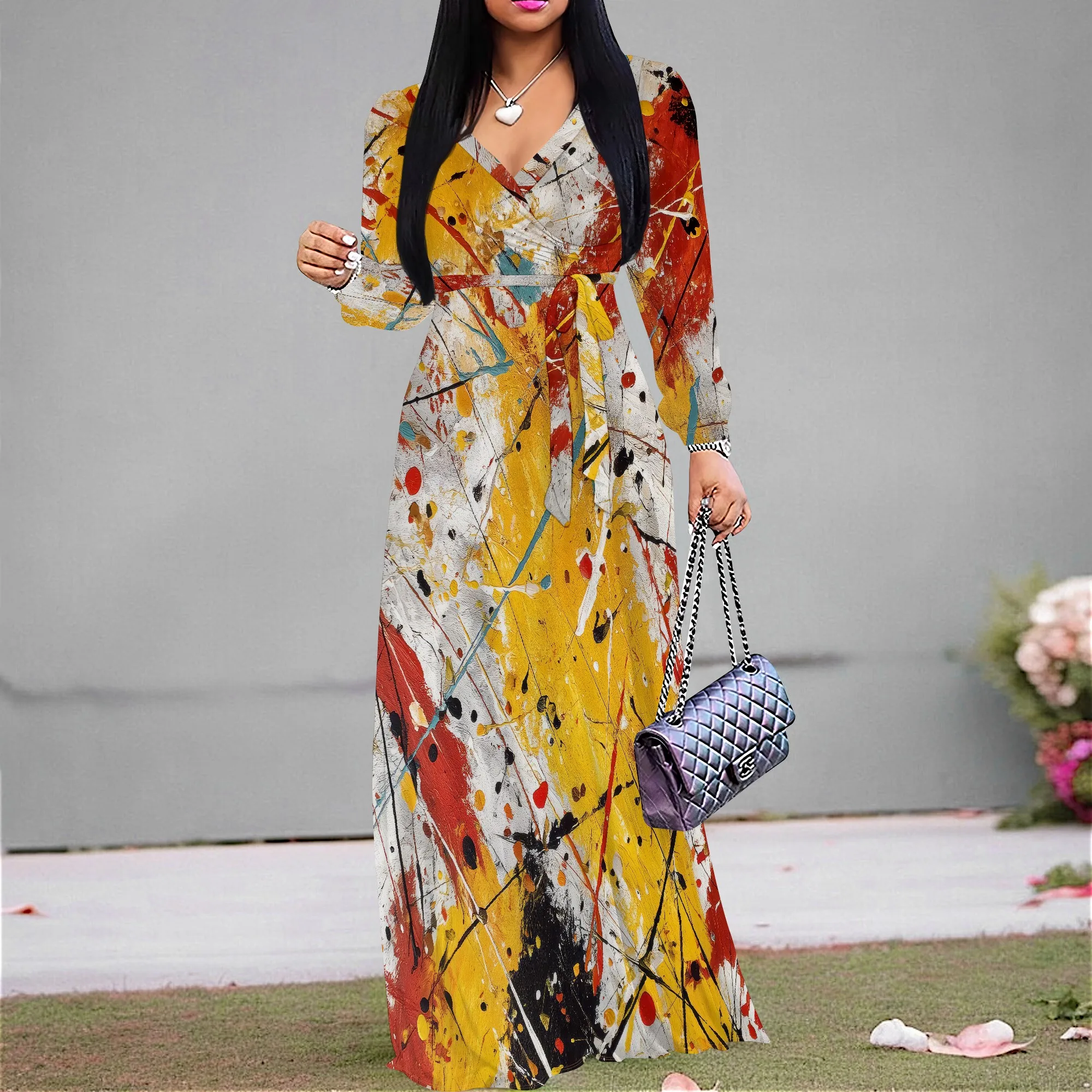 

Nupusa Splatter Paint Print Dress for Women Regular Size Summer Casual V Neck Long Sleeve Maxi Dress