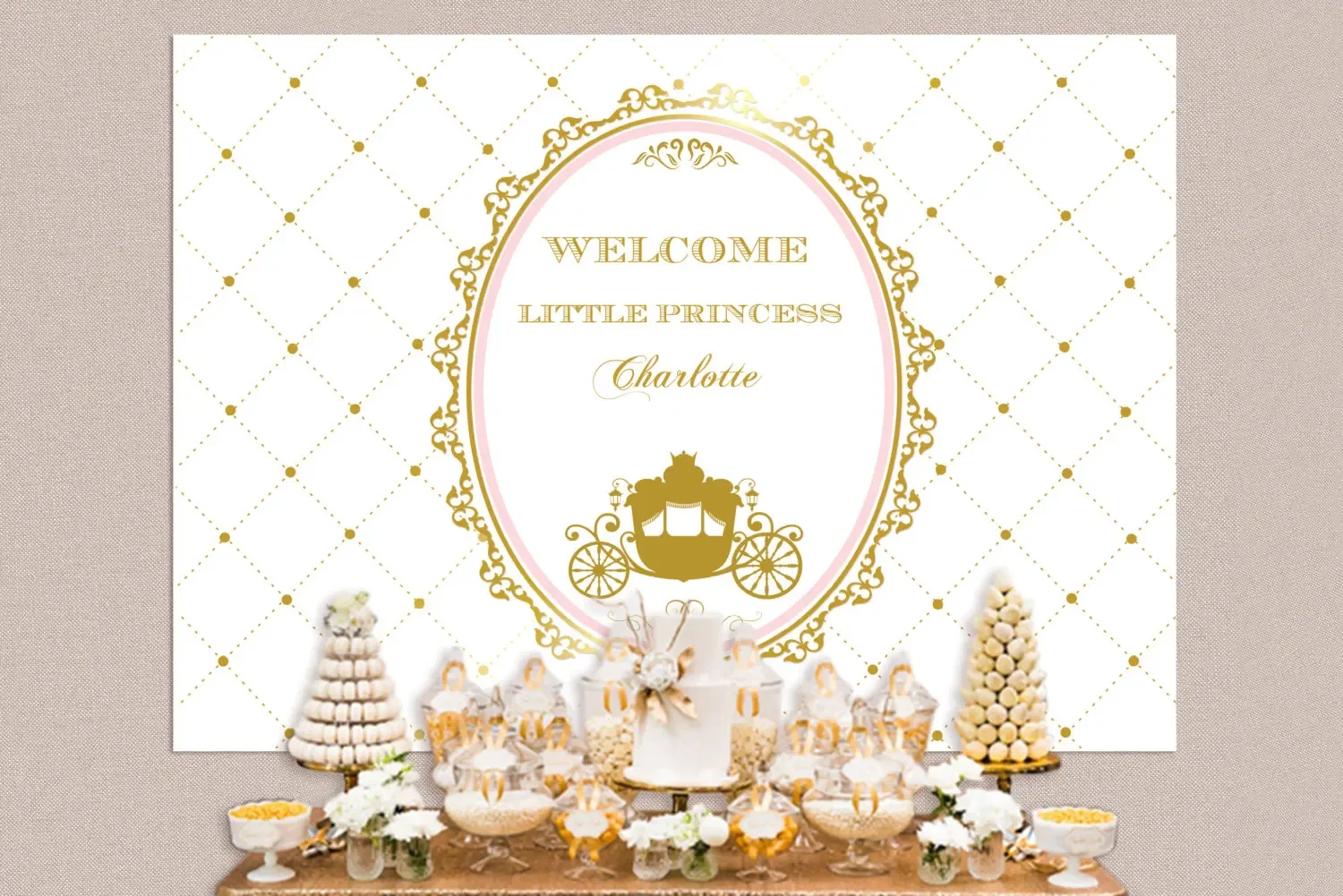 

custom pink gold princess carriage crown baby shower 1st birthday backdrop High quality Computer print party background