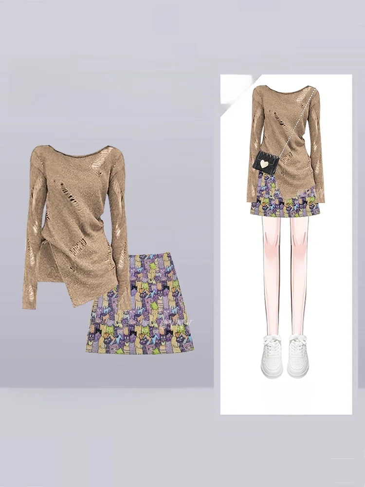 

Ранняя осень, нерегулярный вязаный свитер, женская новая юбка трапециевидной формы с мультяшным принтом, длинный круглый комплект све