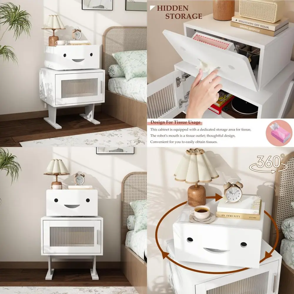 

360-Degree Rotating Drawer Nightstand, Glass Door End Table, Cute Bedside Table with Tissue Box Storage