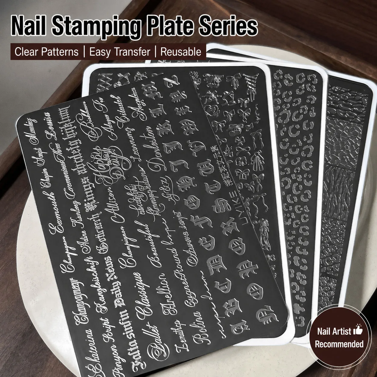 Gothic Letter Nail Art Transfer Printing Steel Plate Nail Art Silicone Stamp Star Heart Dot Bowknot Lace Manicure Tool Templates