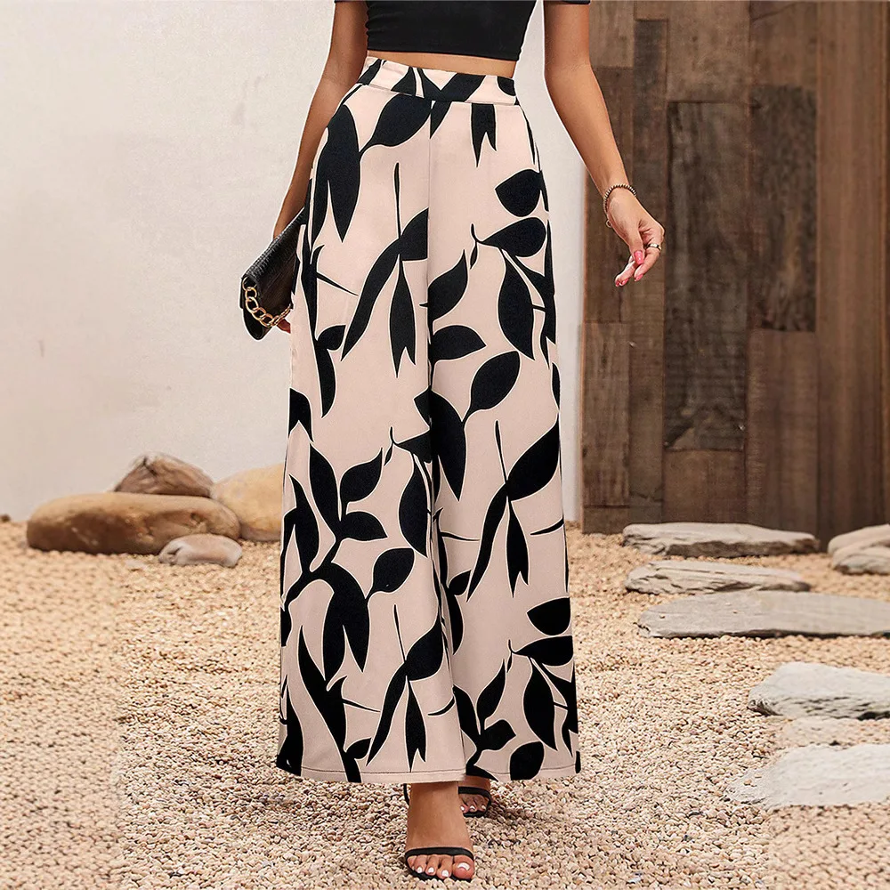 Women's Tropical Print Wide-Leg Pants, Elastic Waist Design, Slim Fit for Casual Vacation Wear