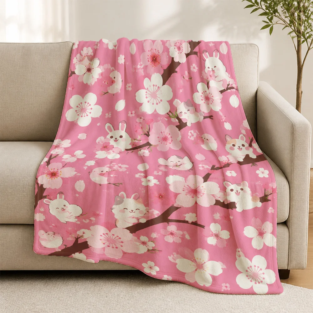 Cute Bunny Sakura Cherry Blossom Print Throw Blanket Cozy Sofa Nap Decor for Living Room Spring Home Seasonal Gift Plush Aesthet