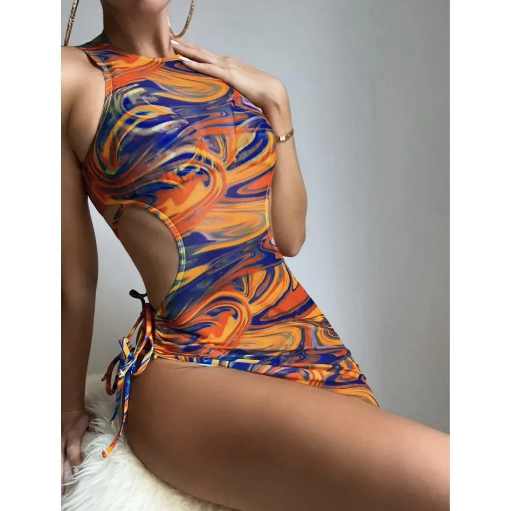 

Бикини Cikini-Swirl Print Halter, бюстгальтер с микротреугольными чашечками, нижние стринги, платье-прикрытие Peekaboo, купальный костюм из 3 предметов, Летний пляж