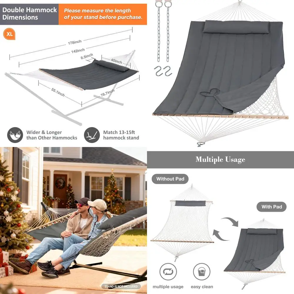 

Двойной гамак с барами из твердой древесины и подушечкой из полиэстера, на 2 человека, темно-серый