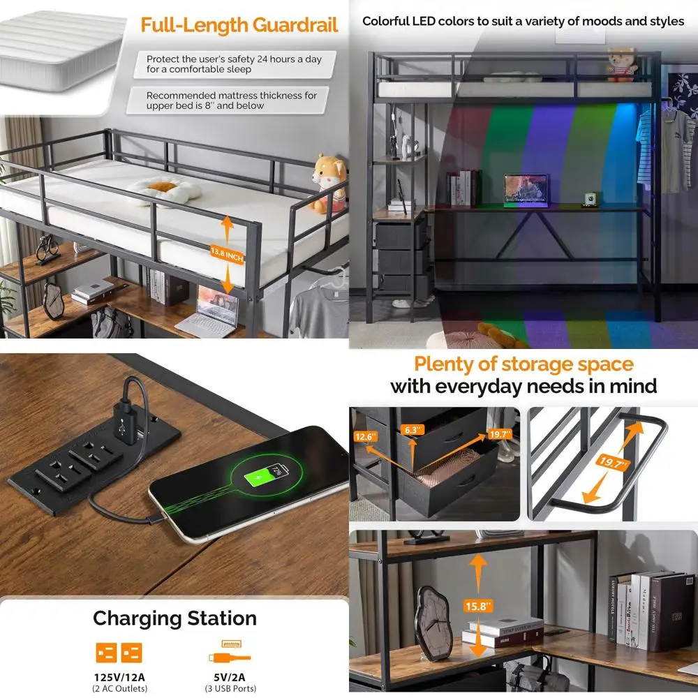 

L-Shaped Desk Twin Bed with LED Lights, Storage, Charging Station, Safety Rail & Ladder, Suitable for Kids, Teens, and Adults, N