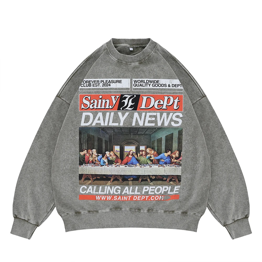 Felpa con stampa grafica The Last Supper dal design originale Superway da uomo oversize 400GSM streetwear pullover larghi vintage