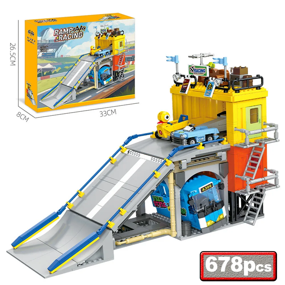 678PCS City Hill Climb Racing Scene Building Blocks MOC Cartoon Racing Container Racetrack Model Assemble Bricks Toys DIY Gifts