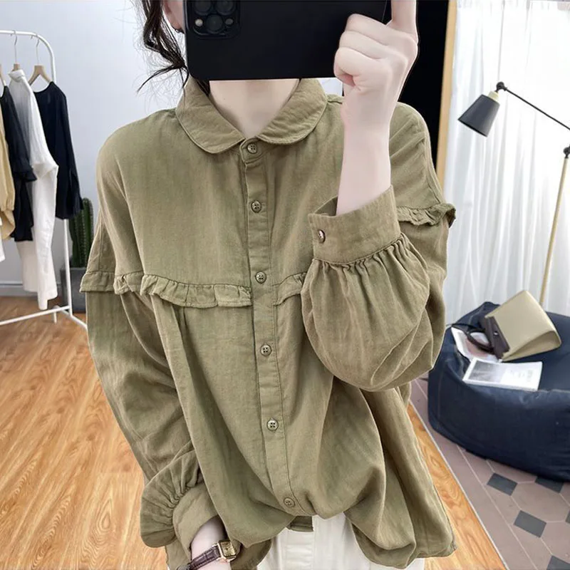 Xpabb Autumn New Vintage Long Sleeve Blouse Female Fashion Ruffles Patchwork Shirts Woman Casual Loose Wild Button Up Shirt Tops