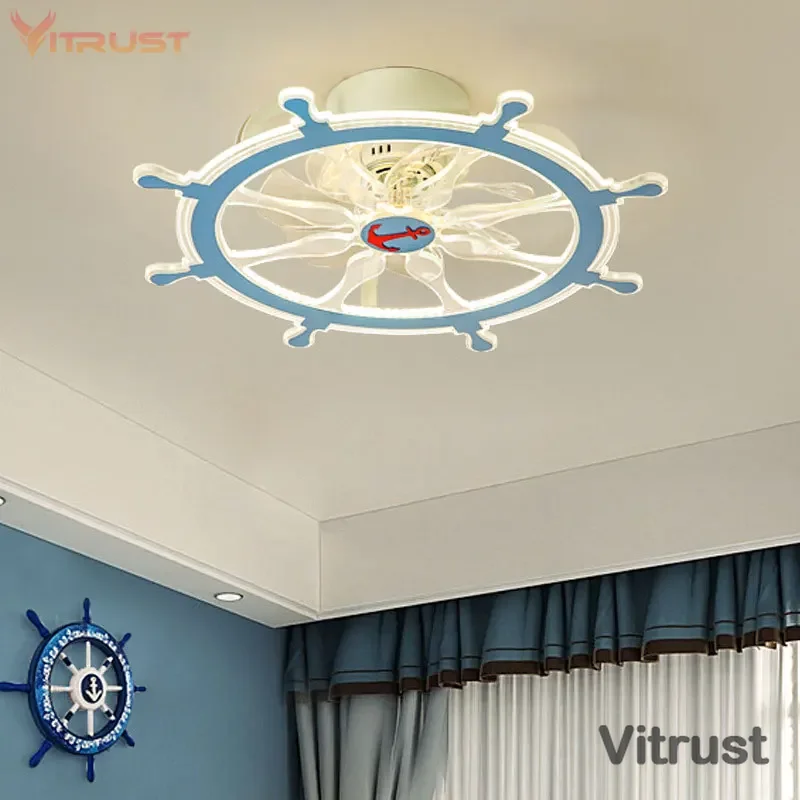 Kids Ceiling Fan Lamp Boat Rudder Intelligent Fan Lamp Home Ceiling Fan Lamp Dining Room Boys Girls Bedroom Study Kindergarden