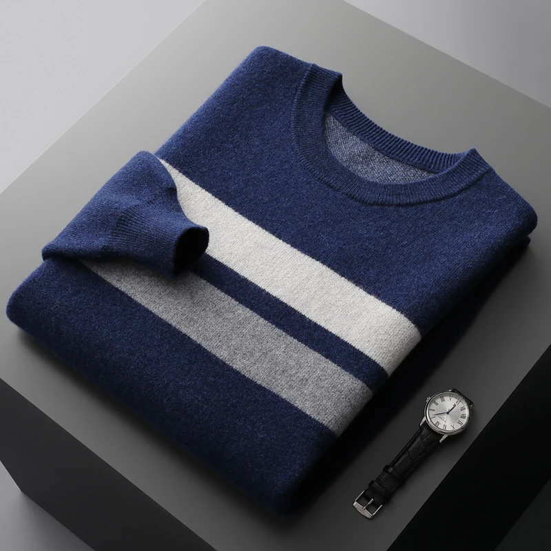 100% merino cashmere sweater in autumn / winter thickened men's round neck contrast jacquard long sleeve business casual sweater