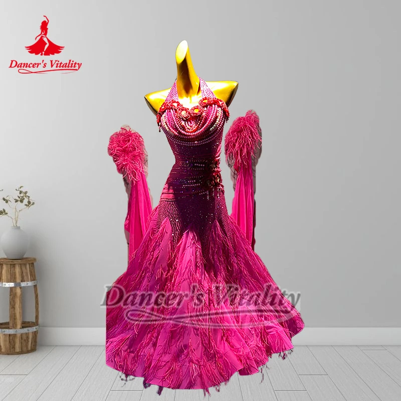 Rose Color Social Dance String of Beads Sleeveless Dresses Custom Adult Women Feather Style Waltz Tango Clothe Dancer's Vitality
