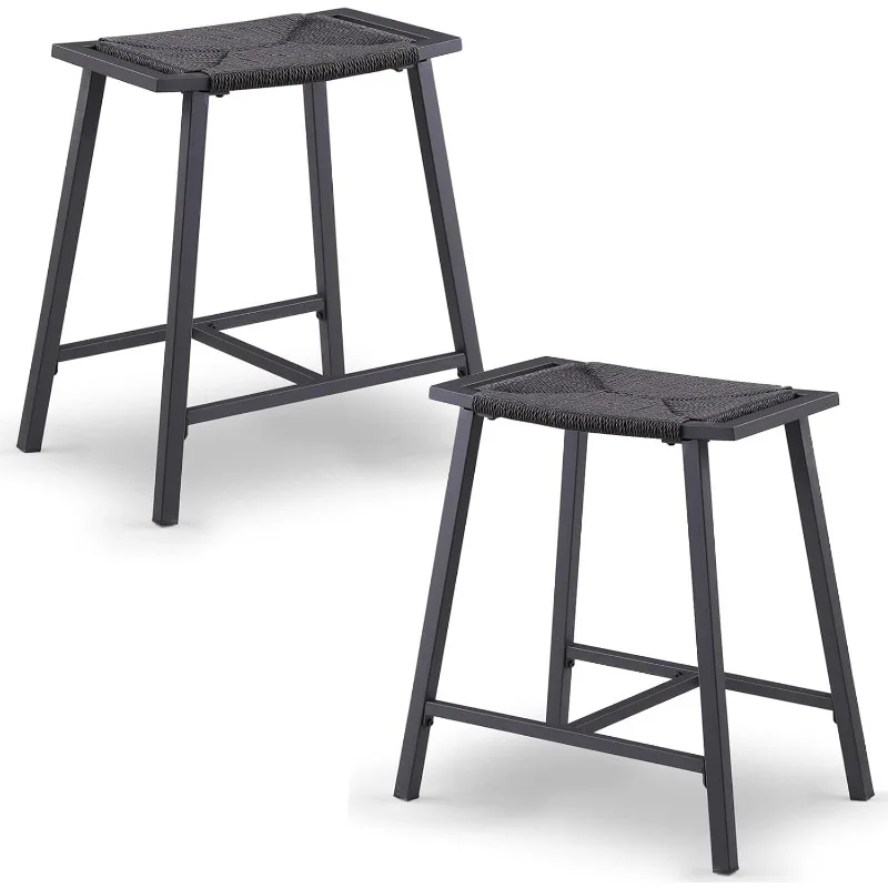 Counter Height Backless Bar Stool for Kitchen Island, Black Rope Wicker Pattern Weave Seat,Saddle Stools with Metal Base