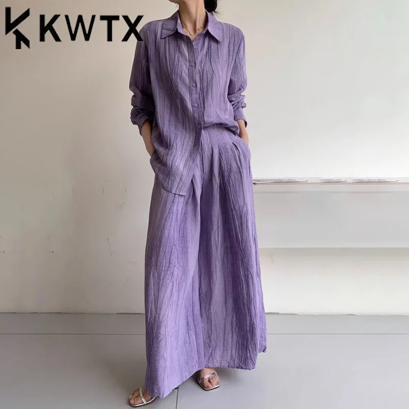 

KWTX Women's Vintage Tie Dye Purple Tencel Linen 2 Piece Set Shirt & Wide Leg Pants Spring Summer 2025 Elegant Luxury Designer