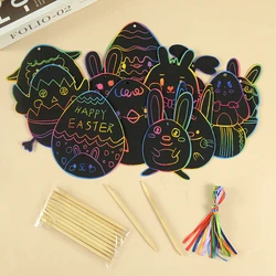 12pcs Easter Magic Scratch Art DIY Painting Crafts Kids Gift Easter Decoration Bunny Chick Colorful Scratch Painting Stencil