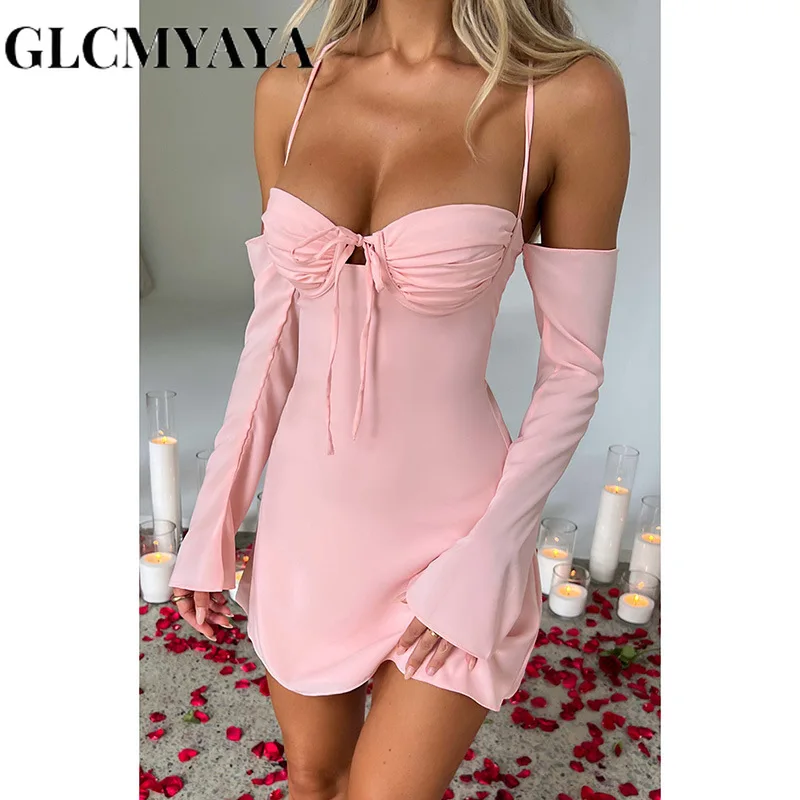 

GLCMYAYA Women Backless Bandage Slash Neck Folds Long A-LINE Mini Dress 2023 INS Summer Fashion Lace-up Hollow Out Dresses