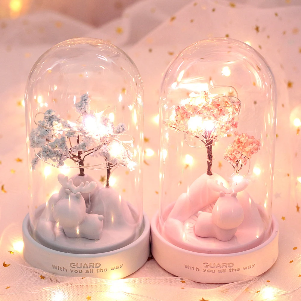 ZK20 LED Cartoon Resin Night Light Guardian Deer Sakura flower Star lamp Romantic Bedroom Decor Boy Girl Kids Birthday Xmas Gift