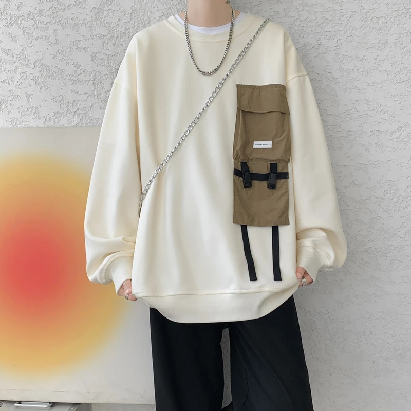 

Japanese Large Pockets Solid Color Sweater Trend Design Sense Round Neck Long Sleeve Autumn Loose Fashion Women Men Clothing