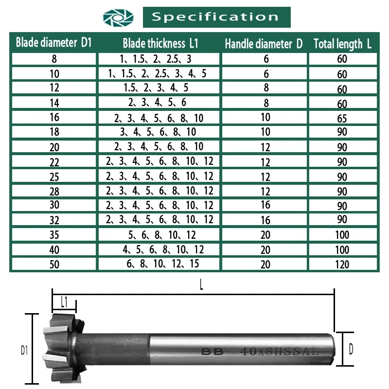 Cortador de fresado de ranura en T para Metal HSS Woodruff Key Seat Router Bit espesor 1-12mm diámetro 8-50mm