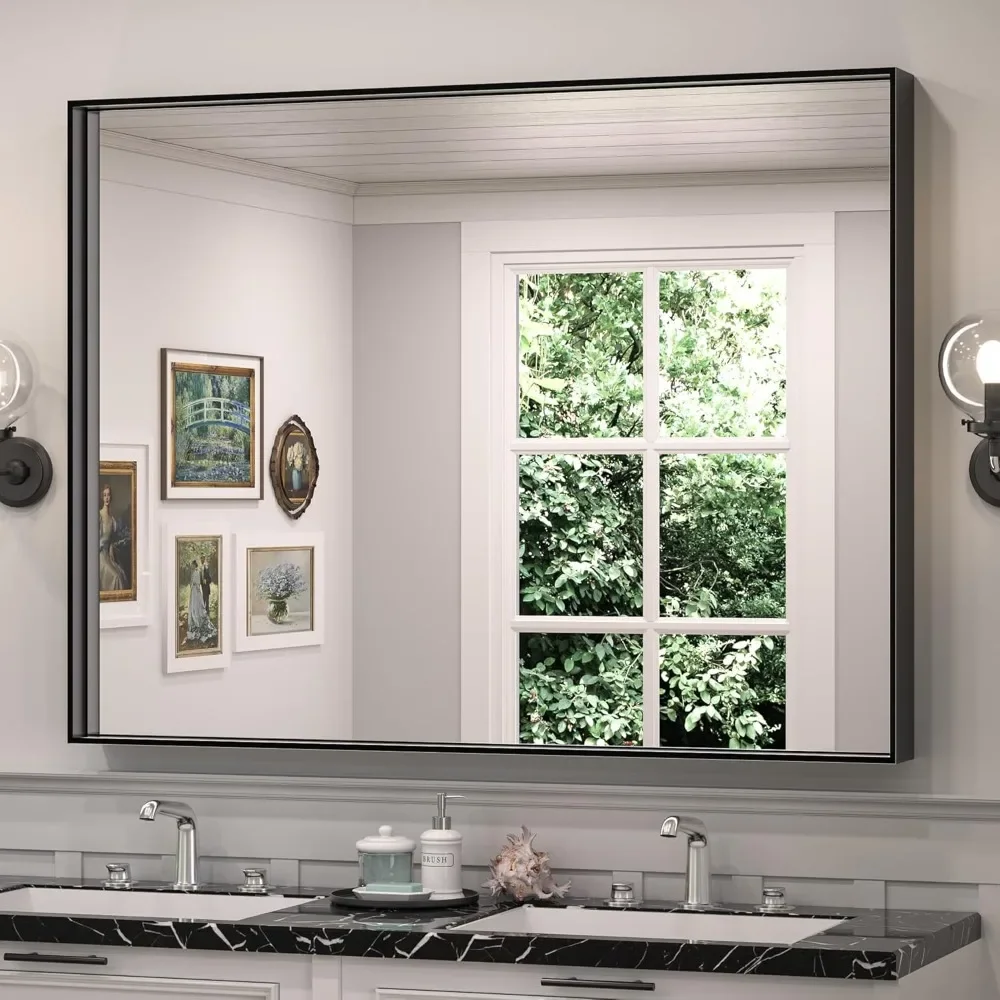 48 x 36 Inch Black Metal Framed Bathroom Wall Mirror Large Rectangle Matte Black Frame Farmhouse Bathroom Mirror