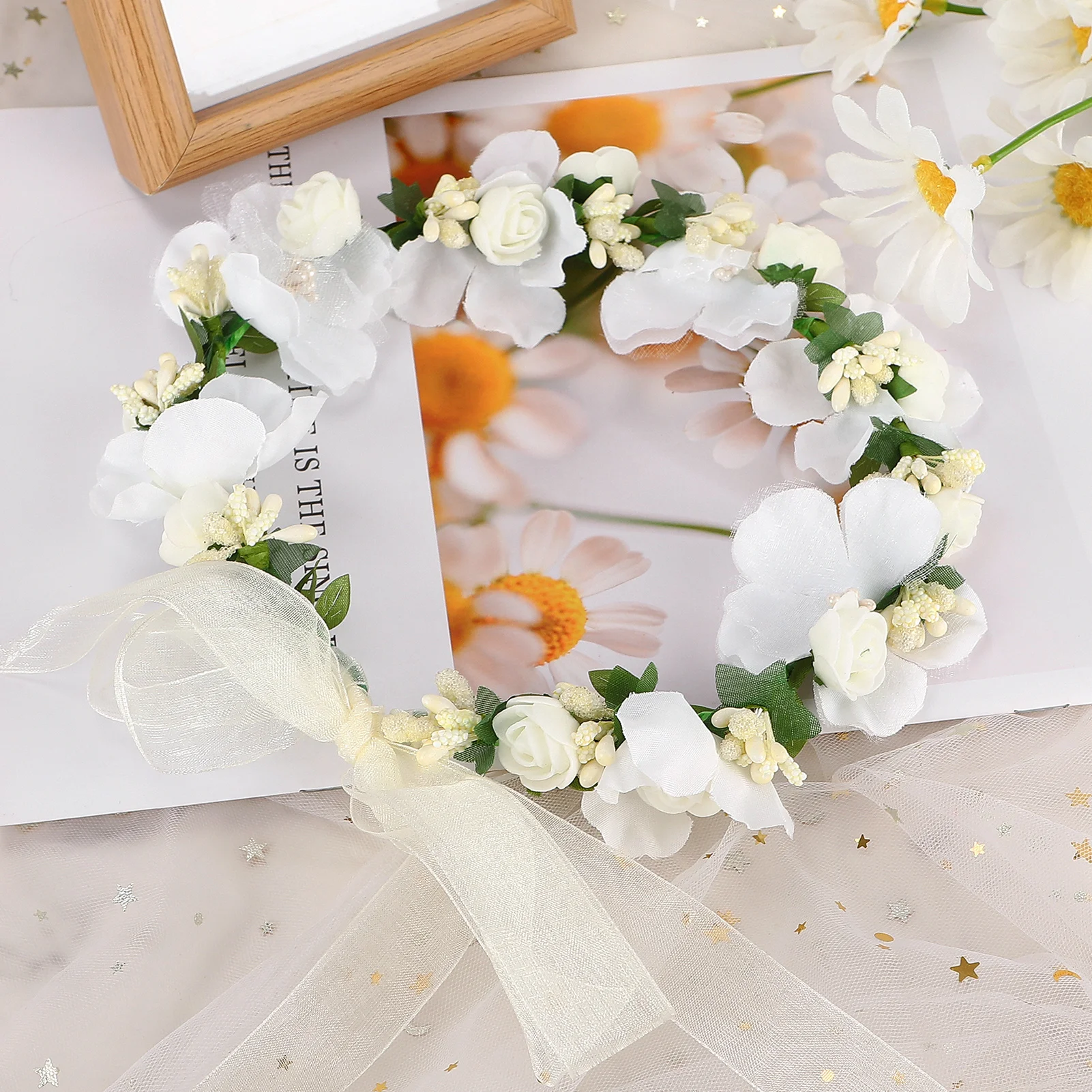 

Цветочный венок в богемном стиле с тюлем для женщин и девушек, аксессуар для волос для подружек невесты, свадьбы, сцены