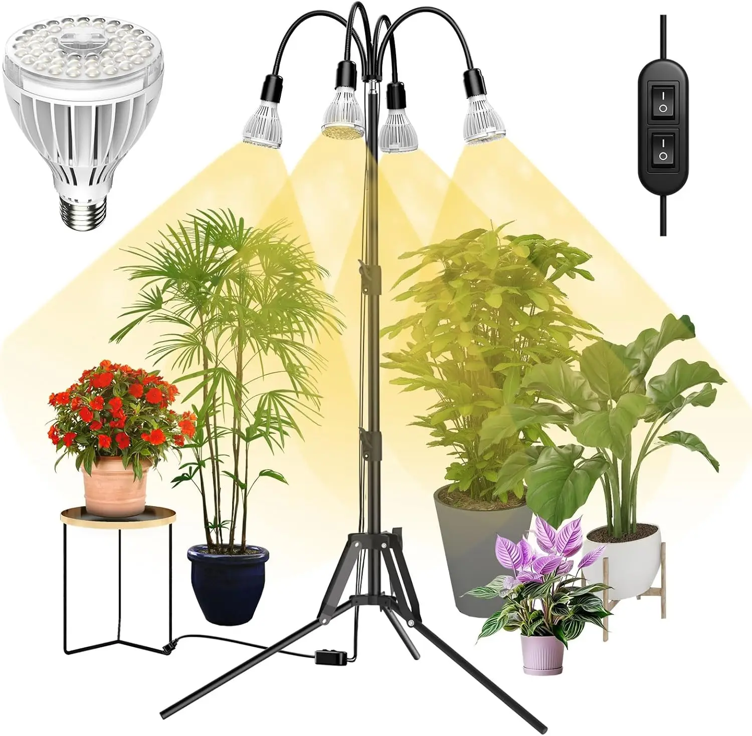 

128W Full Spectrum Plant Grow Light, High PPFD 380 μmol/s/㎡, Adjustable Tripod Stand 35-64 in, 4 Pack Bulbs